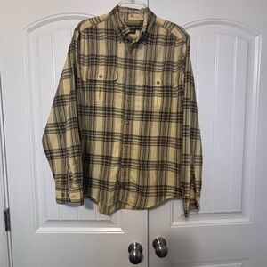 Eddie Bauer Men's Light Yellow and Brown Plaid Shirt